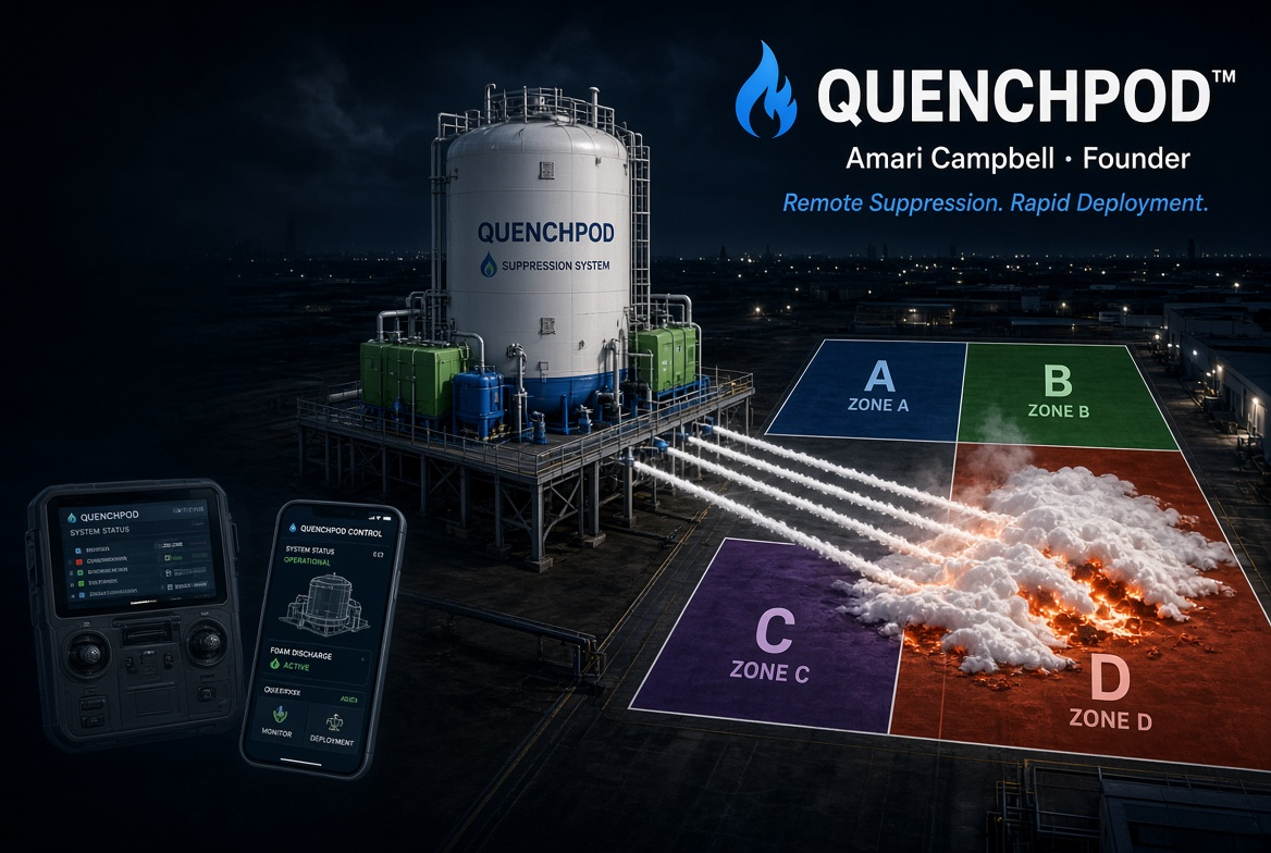 QuenchPod central tank and remote controls showing selective discharge into Zone D