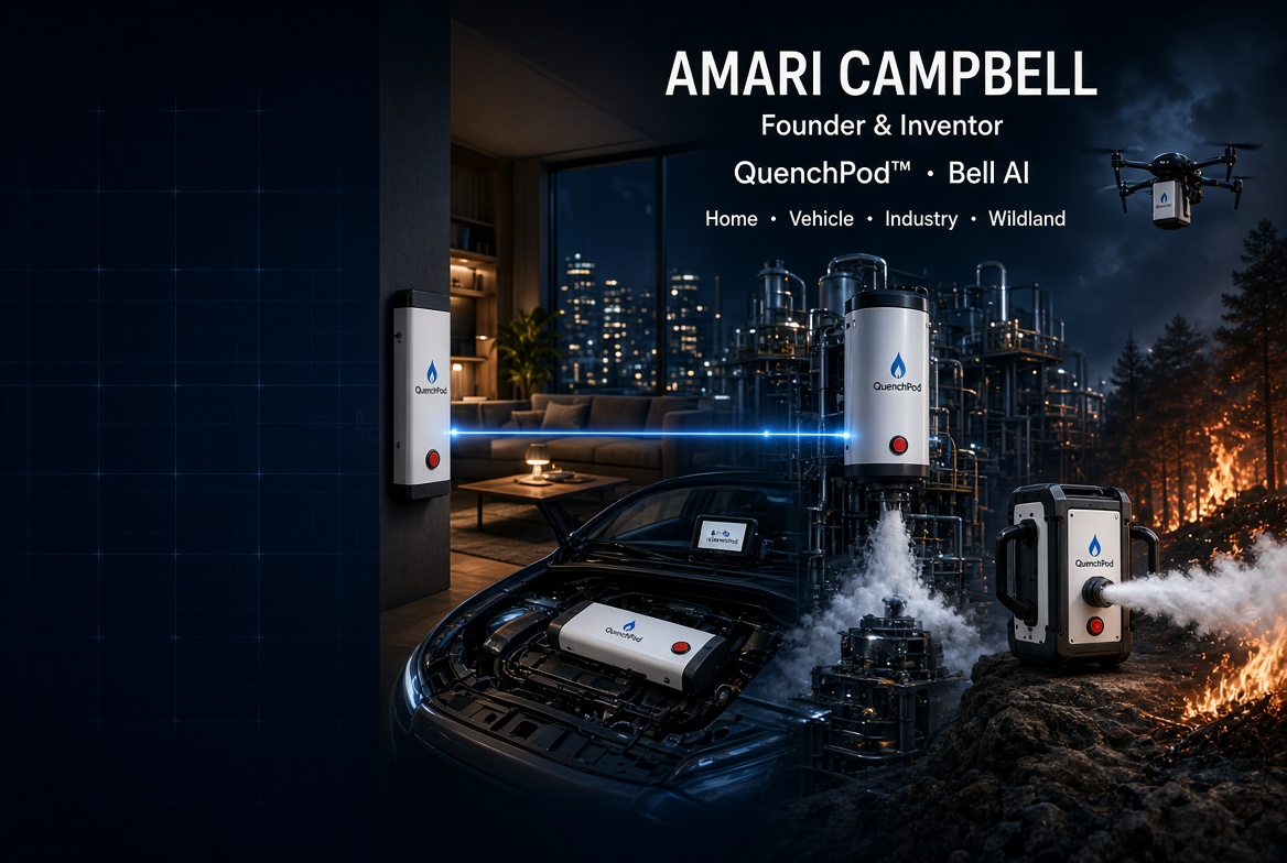 Amari Campbell's QuenchPod concept across home, vehicle, industry and wildland settings
