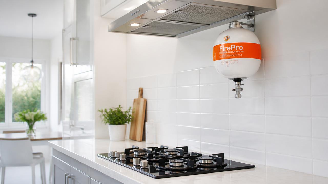 QuenchPod fitted on the wall above a kitchen hob