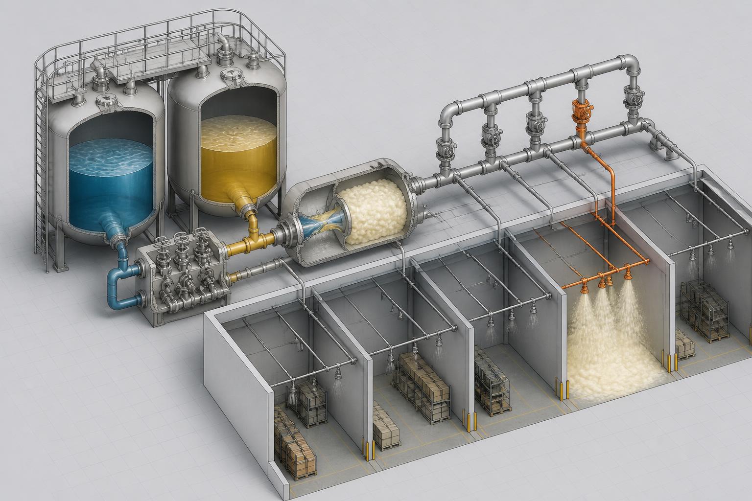 Cutaway view: isolated component tanks, isolation valve block, controlled mixing chamber, foam generation and four independently valved zone lines feeding ceiling discharge nodes