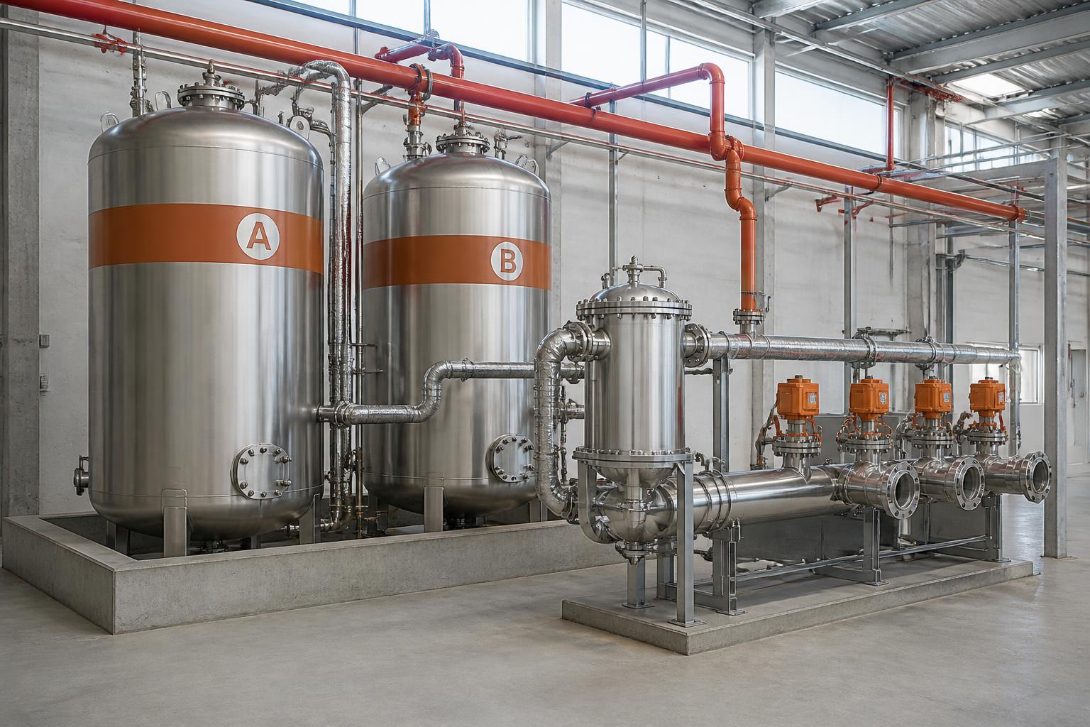 QuenchPod High-Risk Installation System: twin component tanks, mixing and foam-generation assembly and a four-outlet distribution manifold in a plant room