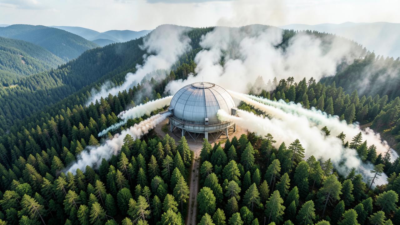 QuenchPod AIR releasing wide plumes of gel over treetops