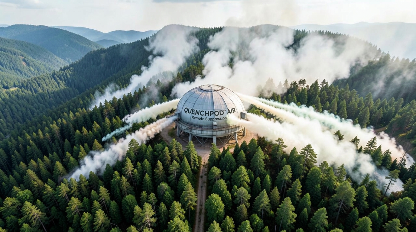 Large QuenchPod AIR unit stationed above a forest valley, releasing wide plumes of gel over the treetops
