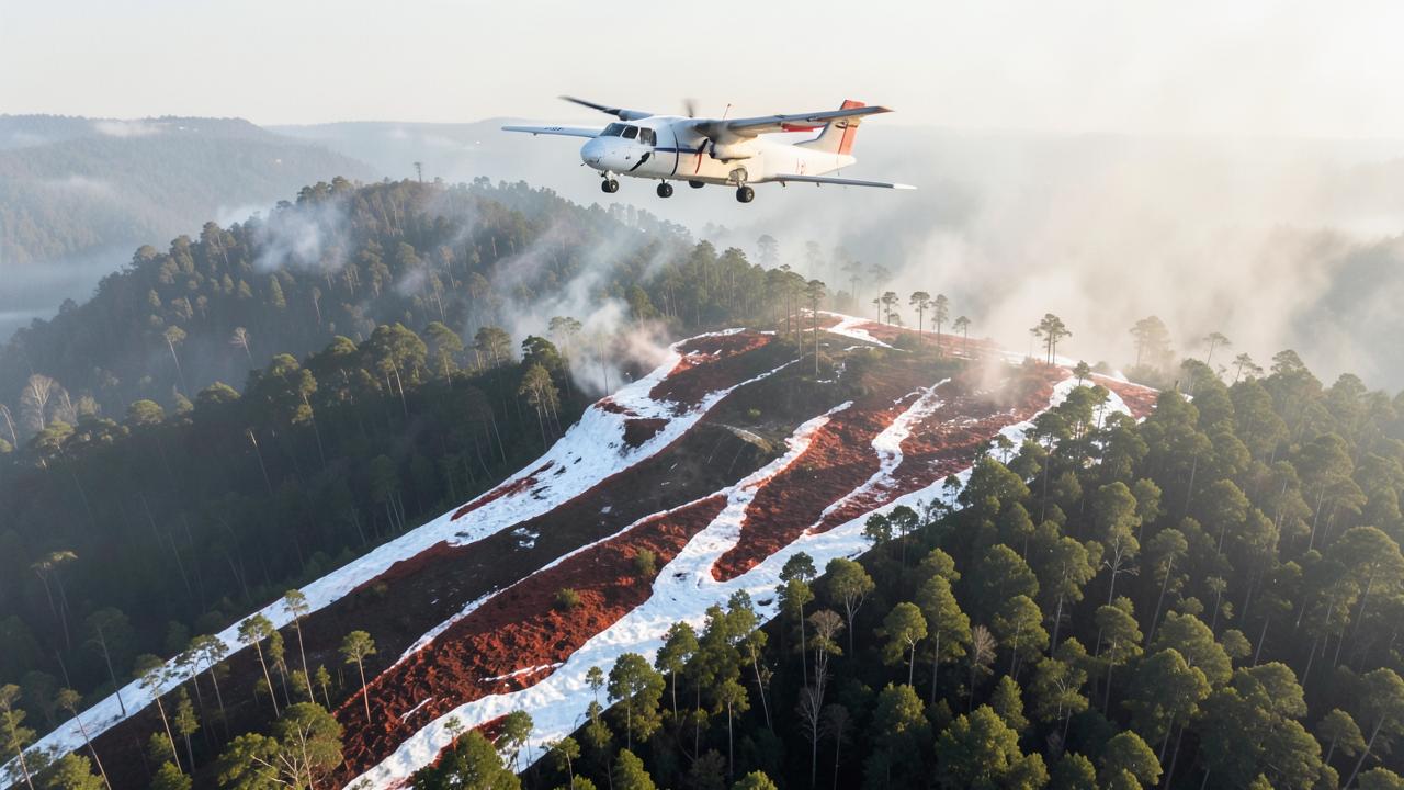Air tanker over a forested ridge with bands of gel and retardant coverage on the trees