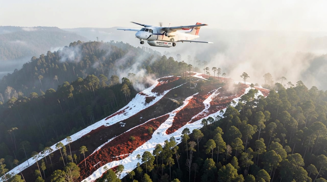 Air tanker over a forested ridge with bands of gel and retardant coverage on the trees