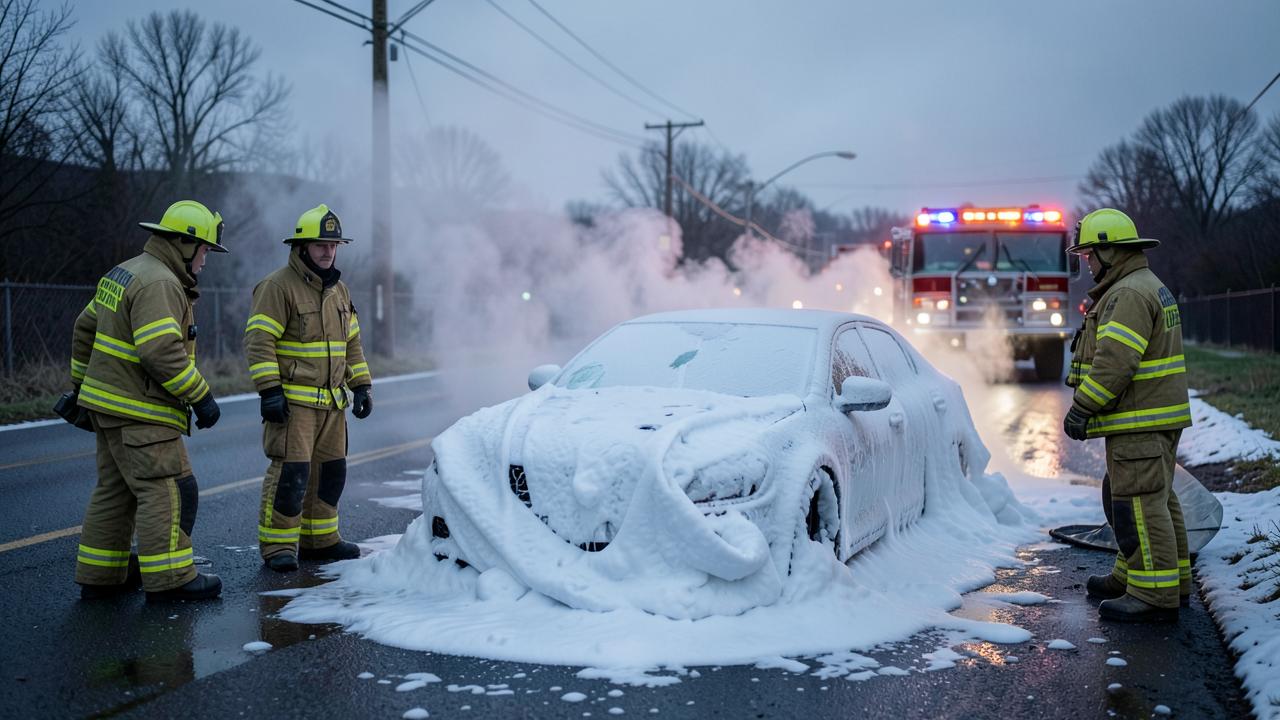 Firefighters at a stand-off distance from a car fully covered in firefighting foam