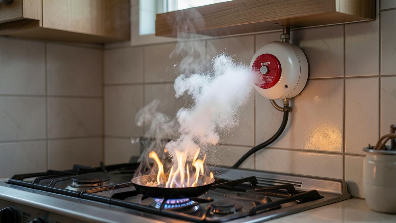 Wall-mounted QuenchPod S activating over a pan fire in a kitchen