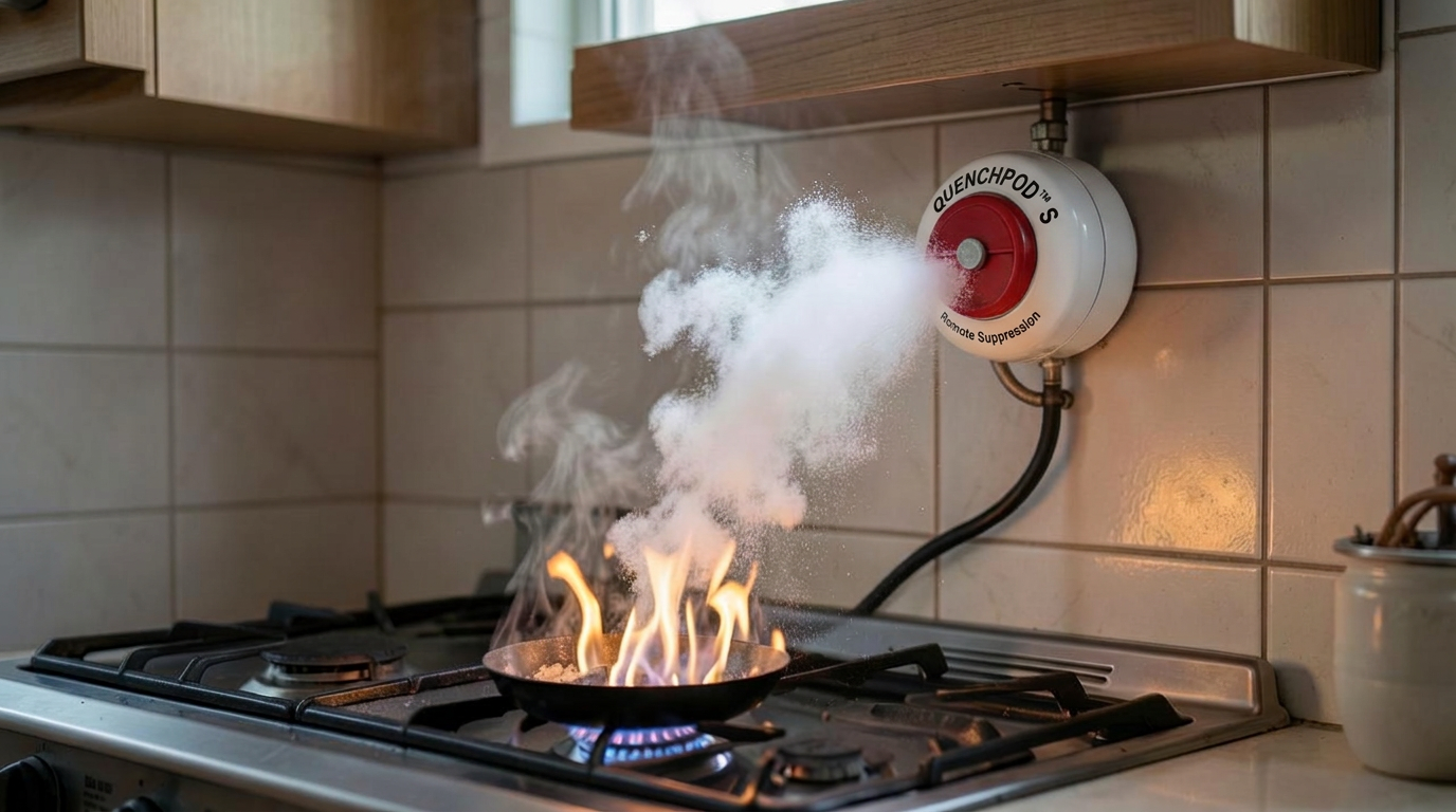 Wall-mounted QuenchPod S activating over a pan fire in a kitchen