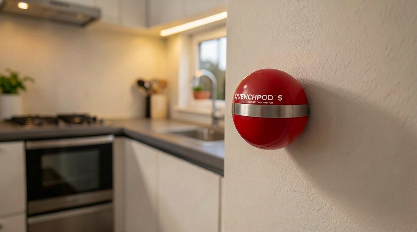 QuenchPod S fitted on a kitchen wall beside the cooker