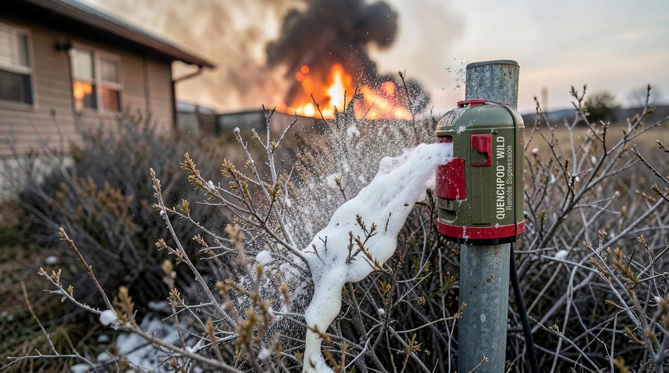 Post-mounted QuenchPod WILD activating in a vegetation buffer