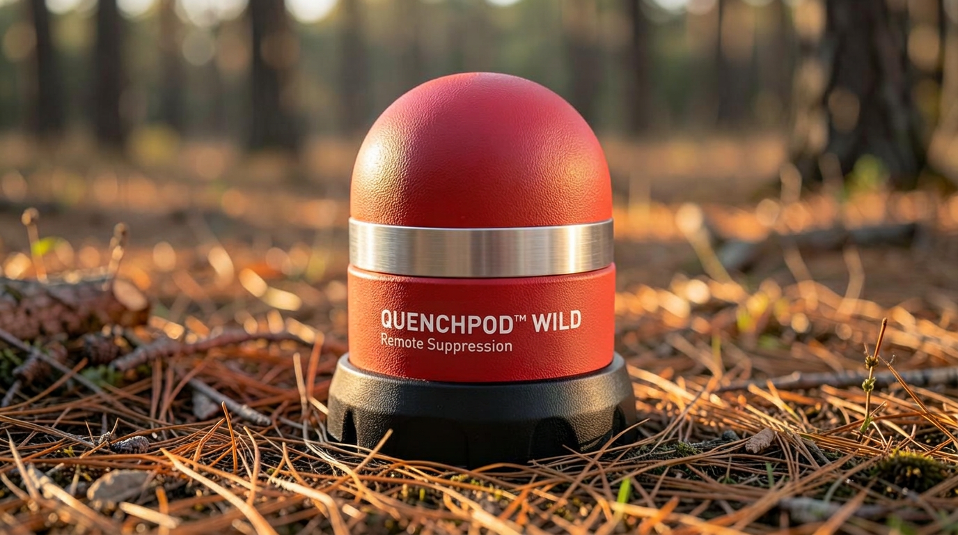 QuenchPod WILD ruggedised unit placed on dry forest floor