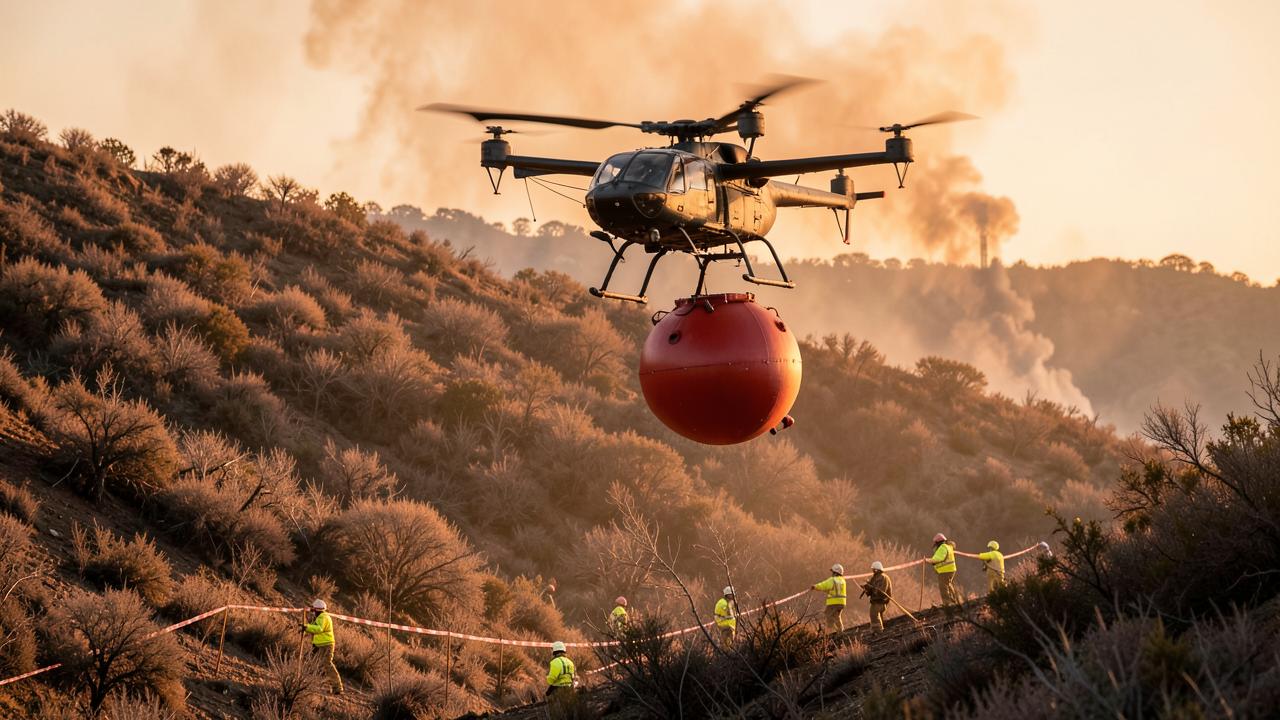 Firefighting drone carrying a QuenchPod WILD unit over brush ahead of a wildfire