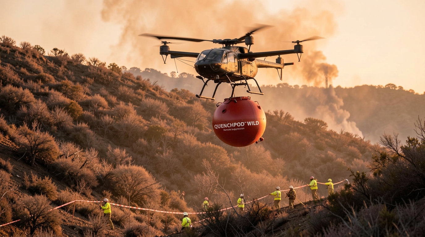 Firefighting drone carrying a QuenchPod WILD unit over brush ahead of a wildfire