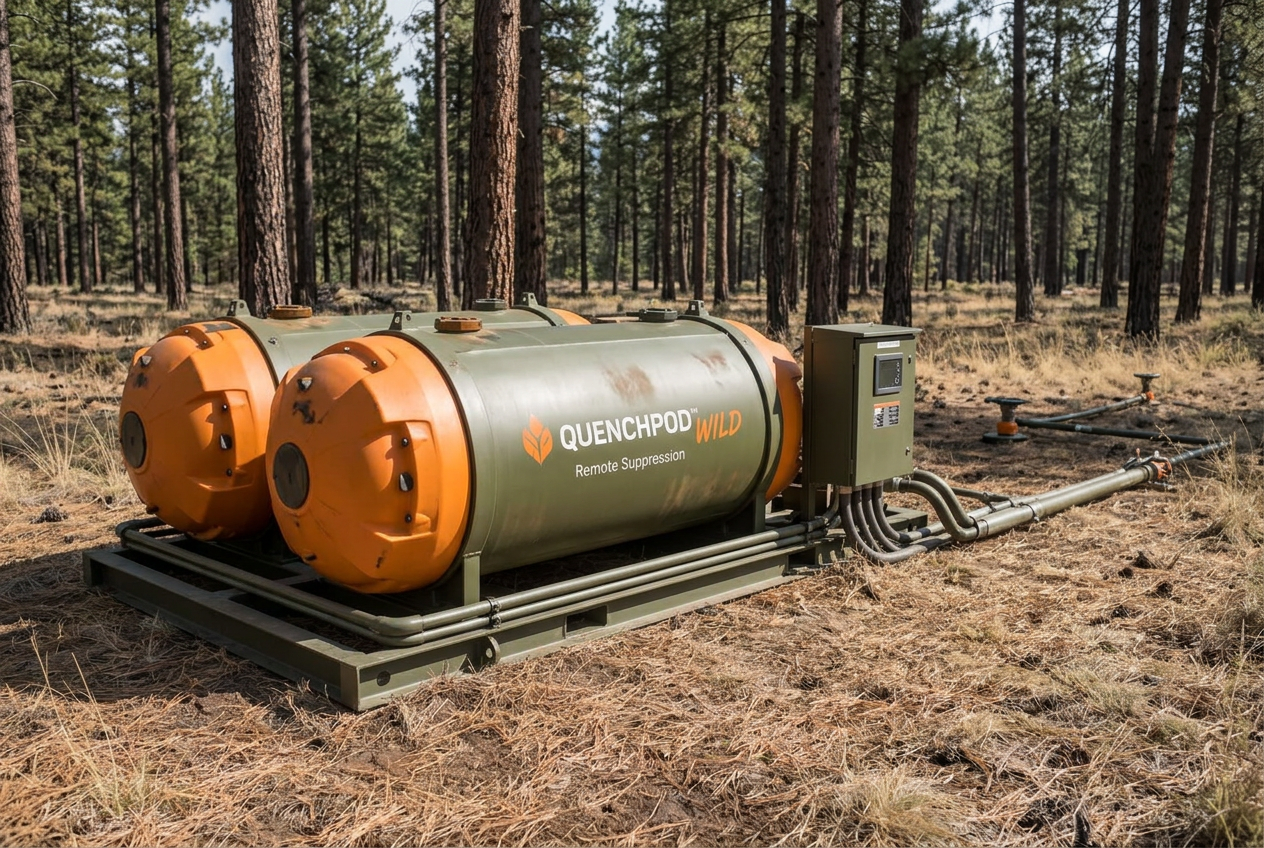 Large low-mounted QuenchPod WILD twin-tank suppression installation with a ground-level control cabinet and distribution pipework in a high-risk pine woodland