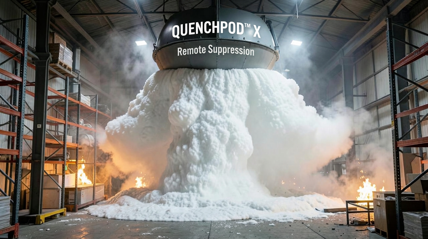 Ceiling-mounted QuenchPod X activating in a warehouse