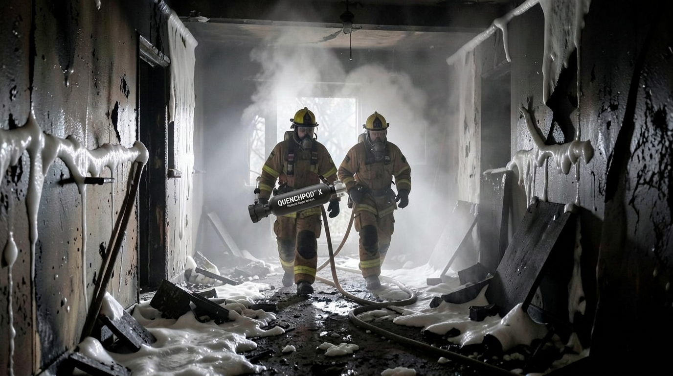 Firefighters entering a foam-covered room with the fire out and steam rising