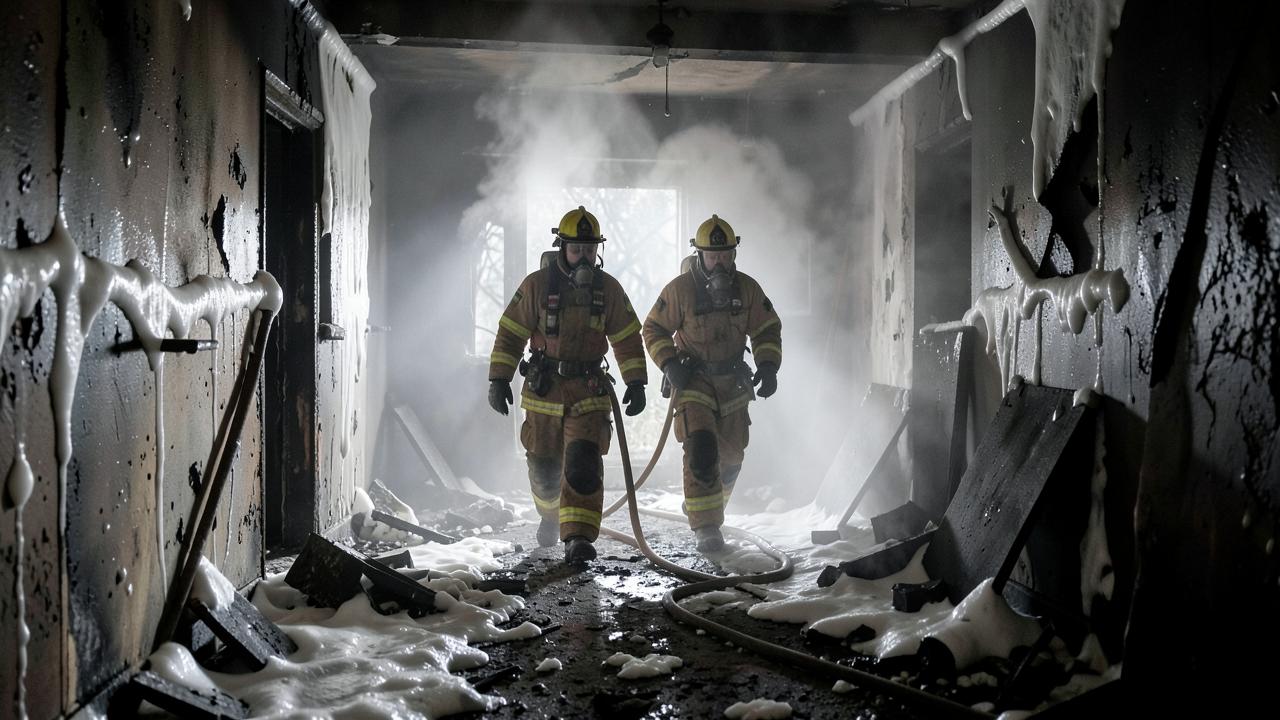 Firefighters entering a foam-covered room with the fire out and steam rising